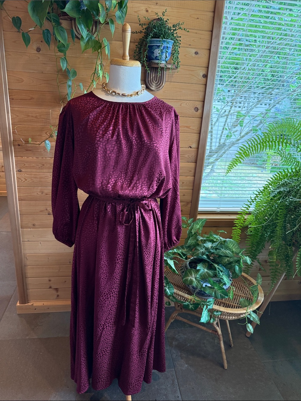 Sandra Darren Wine-Red Long Sleeve Belted Maxi Dress